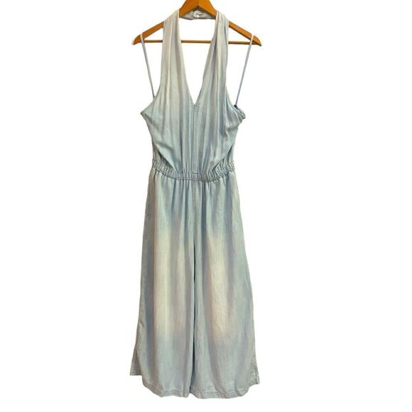 Bella Dahl Women’s Denim Halter Wide Cropped Leg Relaxed Jumpsuit with Pockets M - Picture 1 of 7